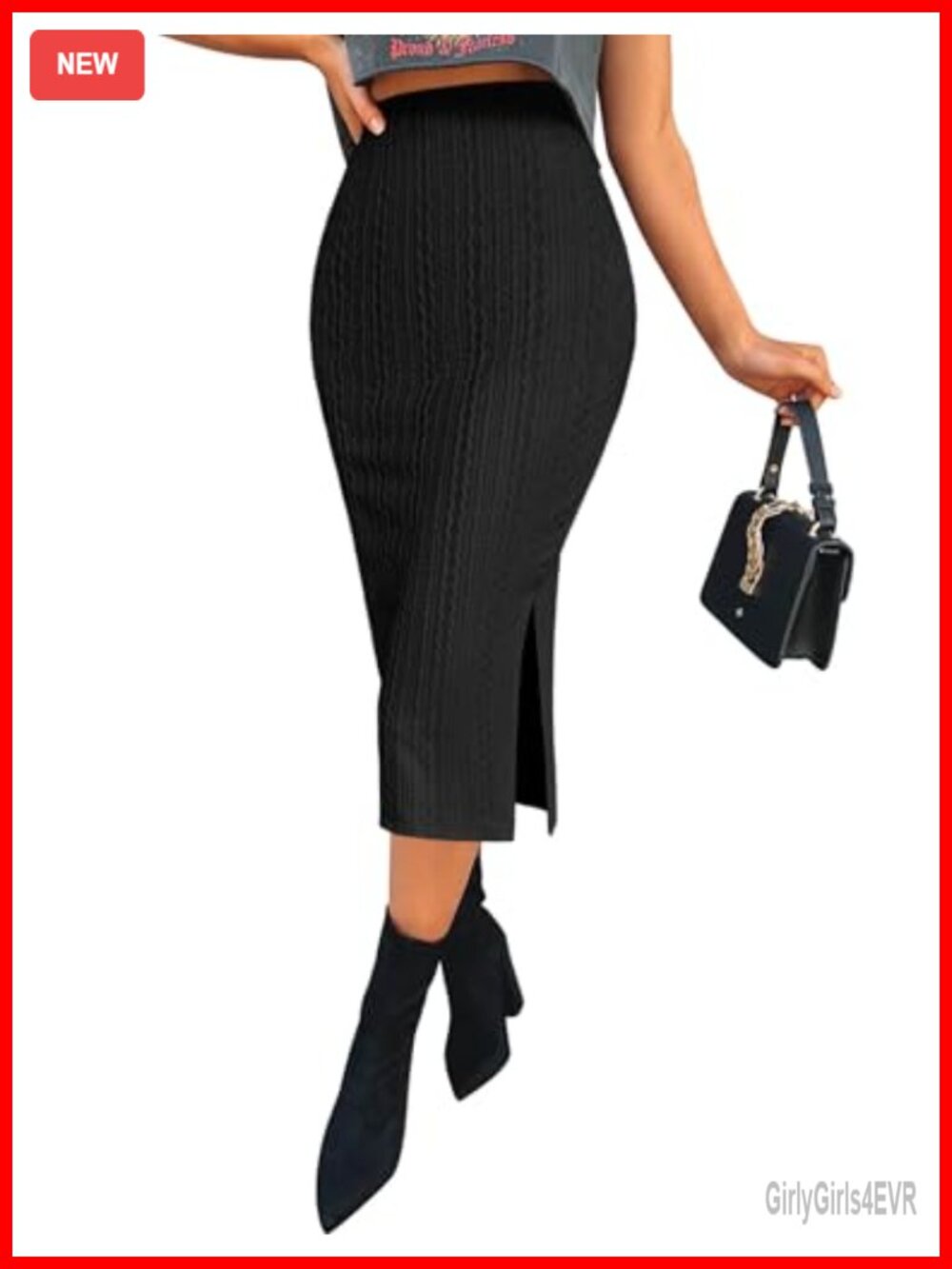 Knit Midi Pencil Skirt High Waisted Slit Elegant Work Office